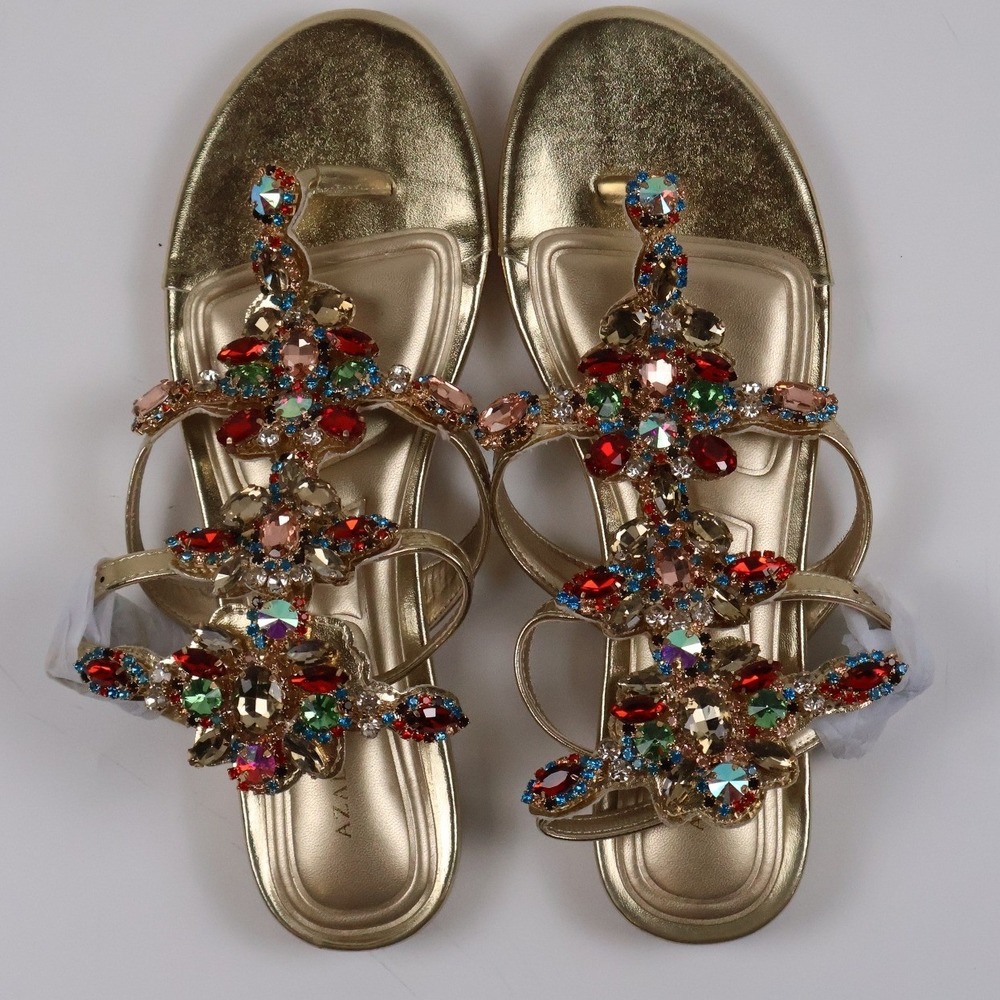 Azalea Wang Sandals Olisa Gold Jeweled Rhinestone Flat Size 8 NEW MSRP 70